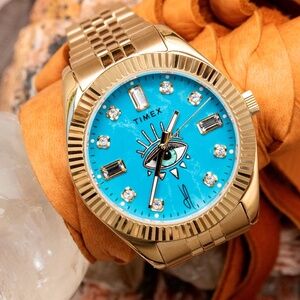 Timex X Jacquie Aiche 36mm Tribe Eye Natural Turquoise gold-tone watch.